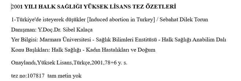 2001 Yılı Halk Sağlığı Yüksek Lisans Tez Özetleri