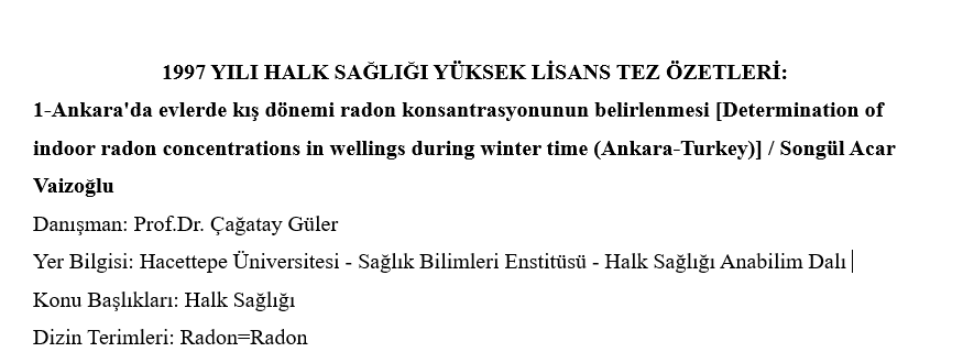 1997 Yılı Yüksek Lisans Tez Özetleri