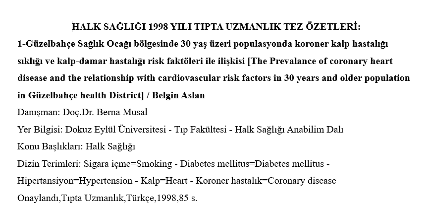  1998 Yılı Uzmanlık Tez Özetleri