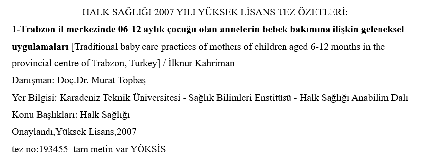 2007 Yılı Halk Sağlığı Yüksek Lisans Tez Özetleri