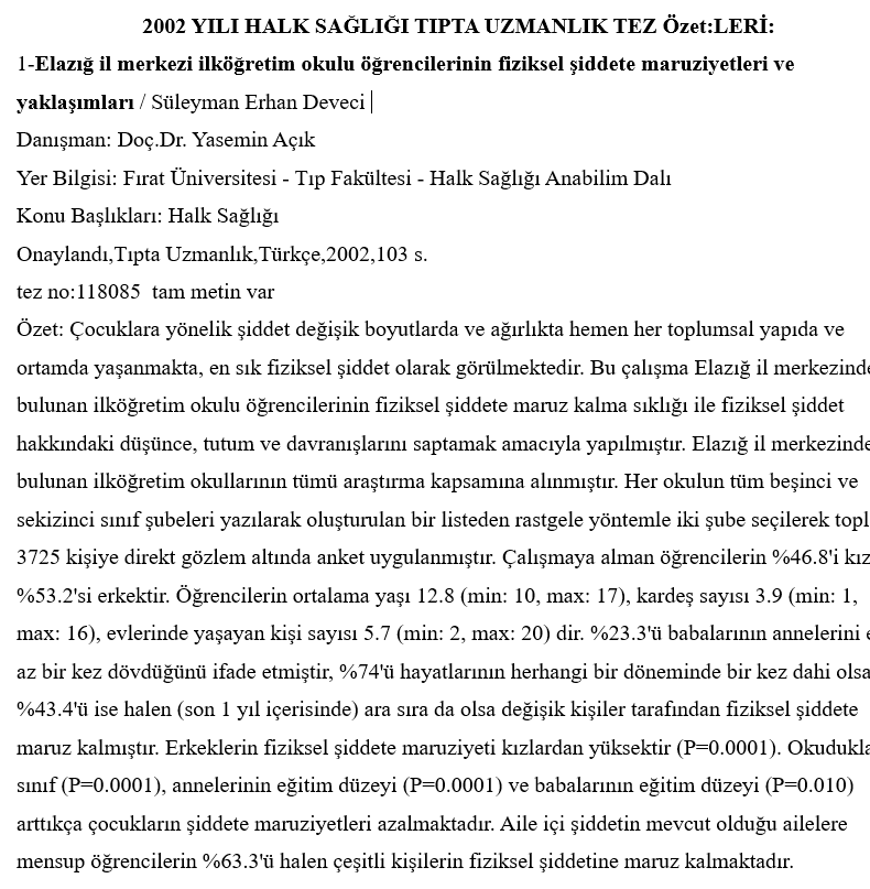 2002 Yılı Tıpta Uzmanlık Tez Özetleri