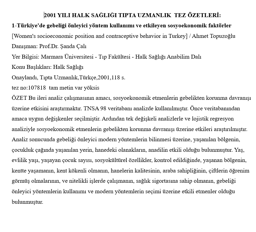  2001 Yılı Uzmanlık Tez Özetleri