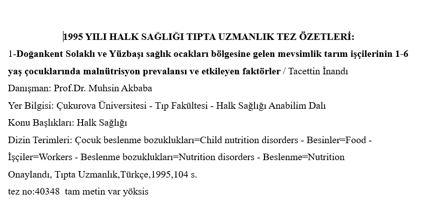 1995 Yılı Tıpta Uzmanlık Tez Özetleri