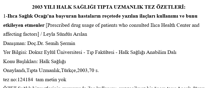 2003 Yılı Tıpta Uzmanlık Tez Özetleri