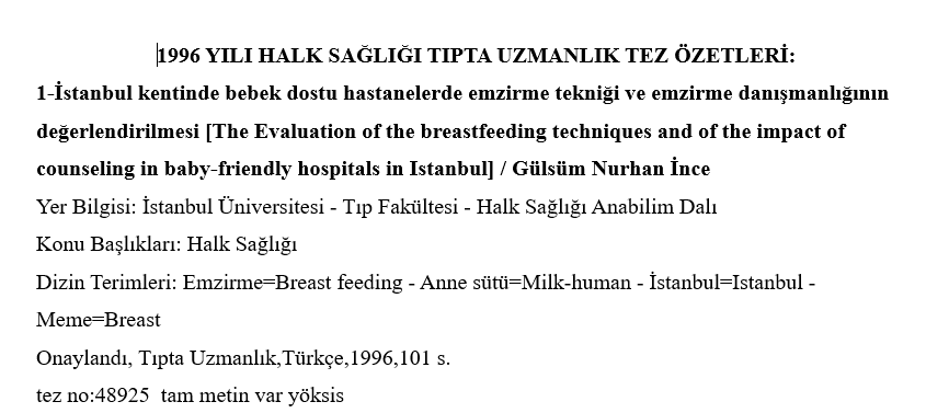  1996 yılı tıpta uzmanlık tez özetleri