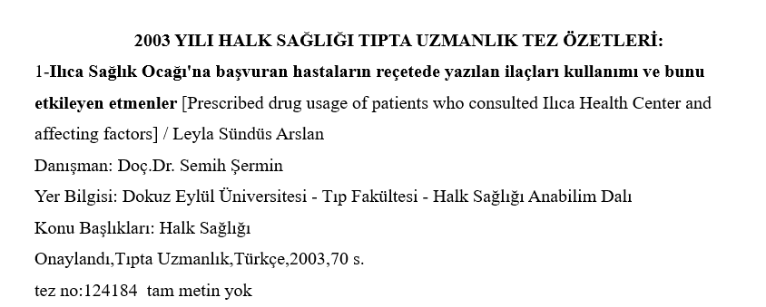  2004 Yılı Uzmanlık Tez Özetleri