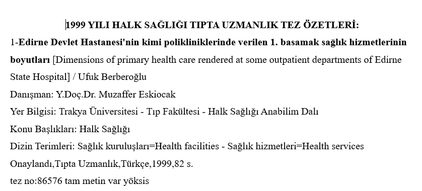 1999 Yılı Tıpta Uzmanlık Tez Özetleri