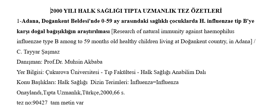 2000 Yılı Uzmanlık Tez Özetleri