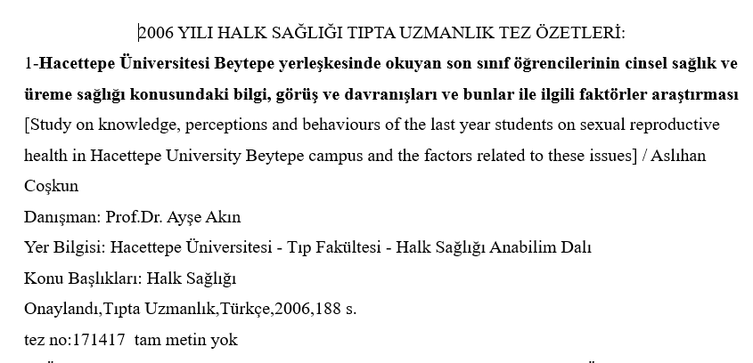 2006 Yılı Uzmanlık Tez Özetleri