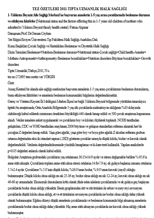 2011 Tıpta Uzmanlık Tez Özetleri
