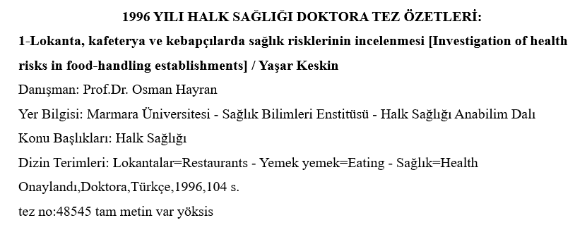  1996 Yılı Doktora Tez Özetleri