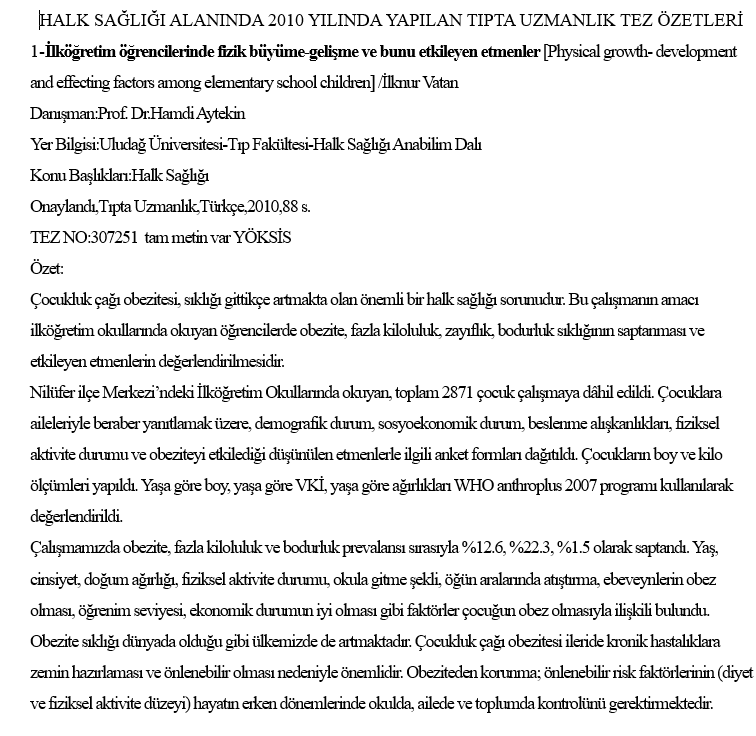  2010 Yılı Uzmanlık Tez Özetleri