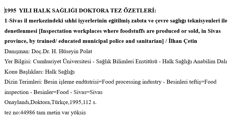 1995 Yılı Doktora Tezi Özetleri