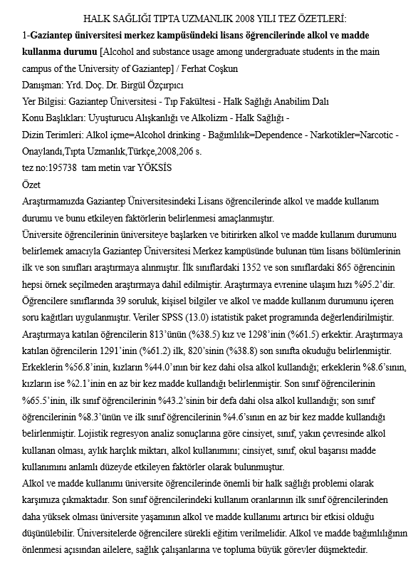 2008 Yılı Uzmanlık Tez Özetleri