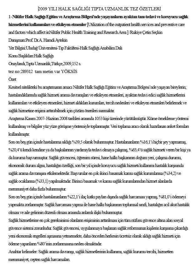  2009 Yılı Uzmanlık Tez Özetleri