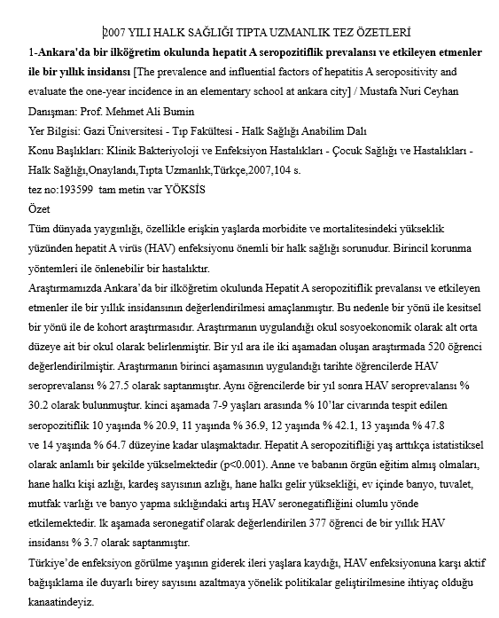 2007 Uzmanlık Tez Özetleri