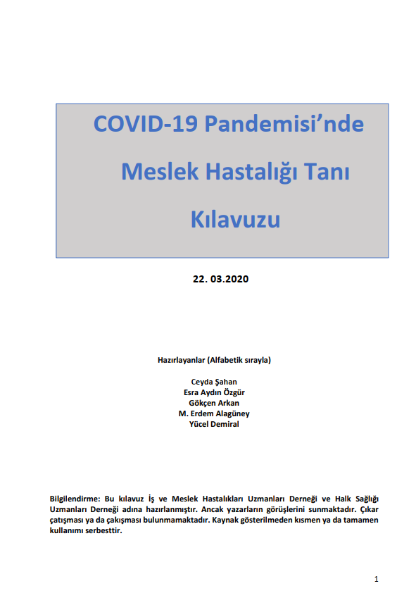 COVID-19 Pandemisinde Meslek Hastalığı Tanı Kılavuzu