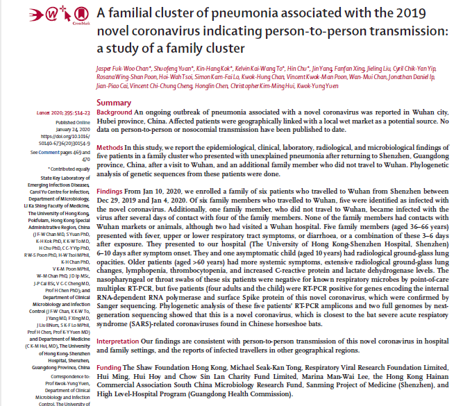 A familial cluster of pneumonia associated with the 2019 novel coronavirus indicating person-to-person transmission: a study of a family cluster