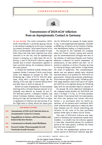 Transmission of 2019-nCoV Infection from an Asymptomatic Contact in Germany